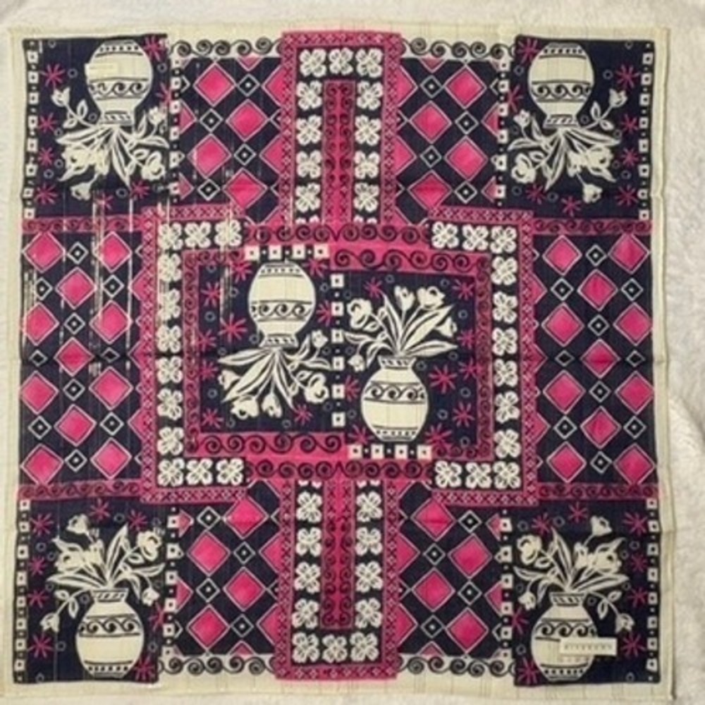 Vtg GIVENCHY Scarf Handkerchief Floral Geometric Pink Navy 18.5"